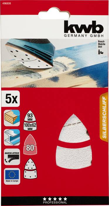 Pack of five sanding sheets, suitable for orbital sanders. Size: 93 x 100 x 62 mm, Grit 80. Quick-fixing system. Made in Europe.
