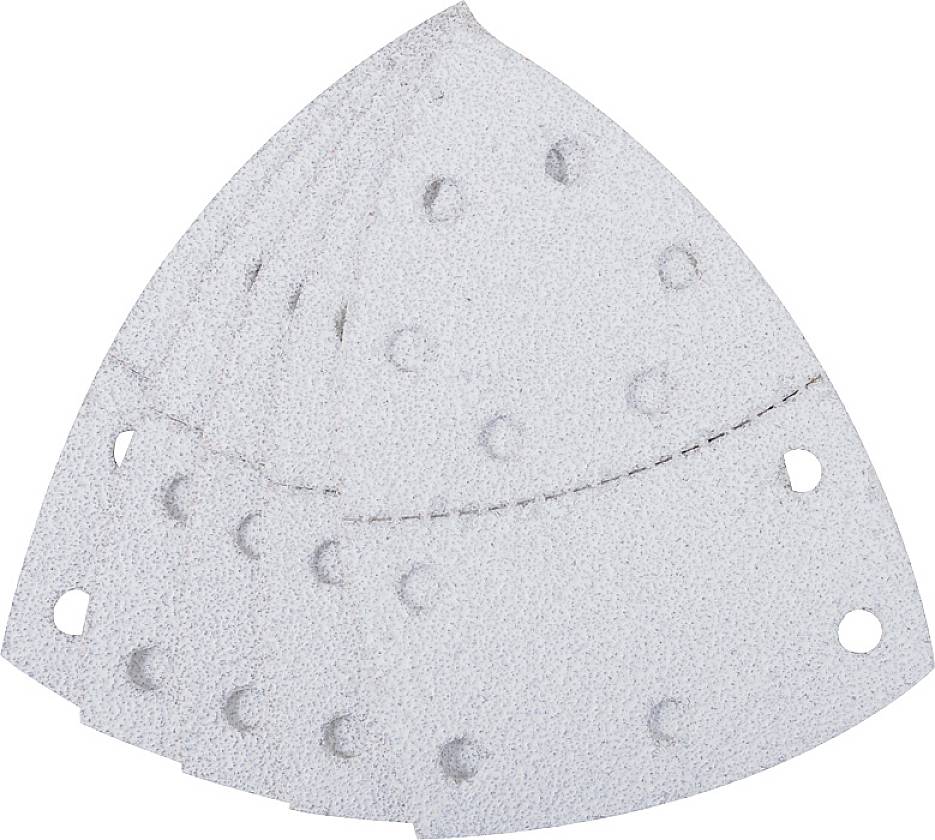 A set of triangular sandpaper sheets with multiple holes, stacked slightly overlapping. Ideal for sanding work on various surfaces.