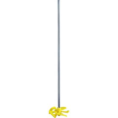 A long, silver metal rod with a yellow mixing head at the end, suitable for mixing liquids or paints.