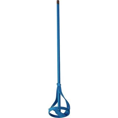 Blue metal stirring rod with a spiral-shaped mixing head, used for mixing liquid or paste-like materials.