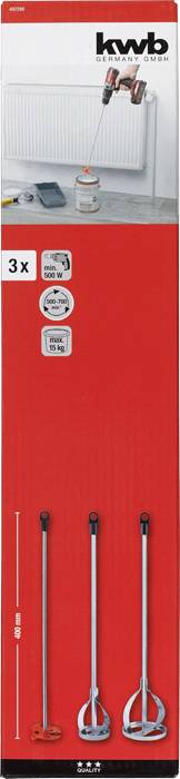 Packaging for a 3-piece whisk set by the brand 'kwb'. An image of a whisk in use is shown at the top. Dimensions: 600 mm.