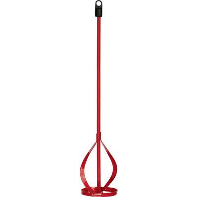 Red hand mixer with spiral-shaped mixing tool at the bottom. Ideal for mixing paints or cement.