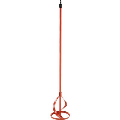 A red paint and mortar mixer with a long rod and spiral end for mixing liquids or construction materials.