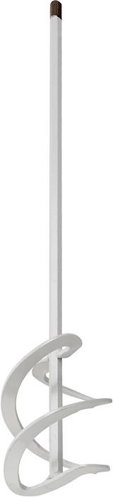 Metal stirring tool with a long rod and spiral-mixing attachment, commonly used for mixing paints or other liquids.