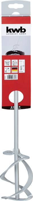 Image of a stirrer from 'kwb Germany', suitable for paints. Displayed on a red card with product information and pictograms.