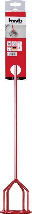 'Paint Accessories' Mixing Paddle by kwb, with red metal rod and handle. Packaging displays product details such as dimensions and application.