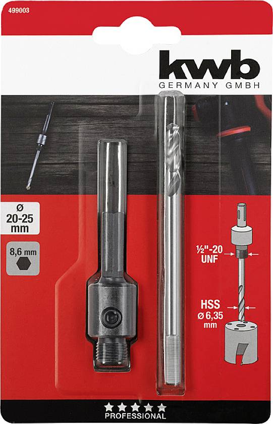 'Packaging for kwb Tool Set, consisting of a HSS drill bit and adapter in sizes 20-25 mm. Contains technical details.'