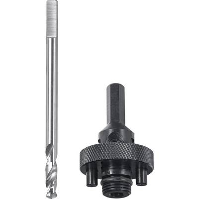 Drill bit with holder; suitable for hole saws. Used for securing and enlarging drill holes in various materials.