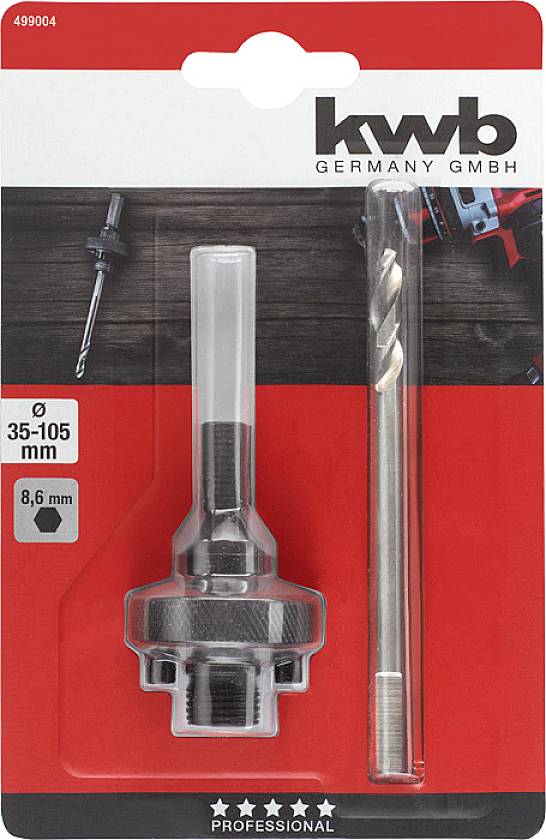 Packaging containing an adjustable hole saw adapter and a drill bit, suitable for holes ranging from 35 to 105 mm, with an 8.6 mm size.