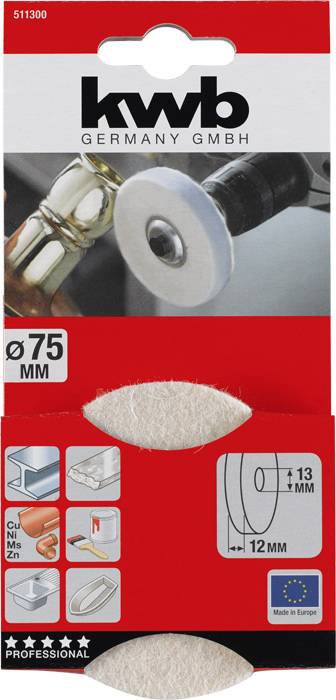 A KwB polishing felt attachment for drill machines, suitable for surfaces with 75 mm diameter. Packaging shows application examples.