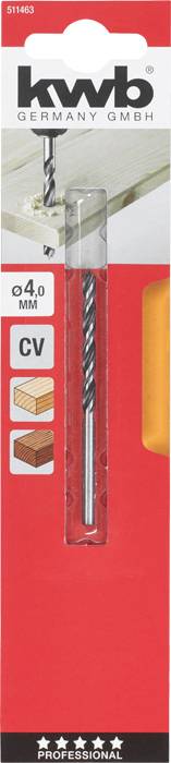 'Kwb' Wood Drill Bit, 4mm. Suitable for softwood, hardwood and MDF. Packaging displays drill bit and material images.