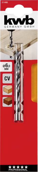 Wood and Metal Drill Bit, Size 6.0 mm, on red card. Brand name 'kwb Germany GmbH'. Suitable for various materials.