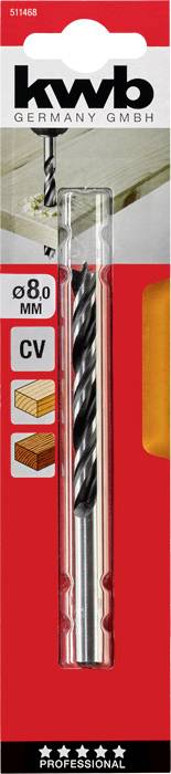 Drill by KWB Germany GmbH, 8.0 mm diameter, suitable for wood and chipboard, on a red background with example illustration.