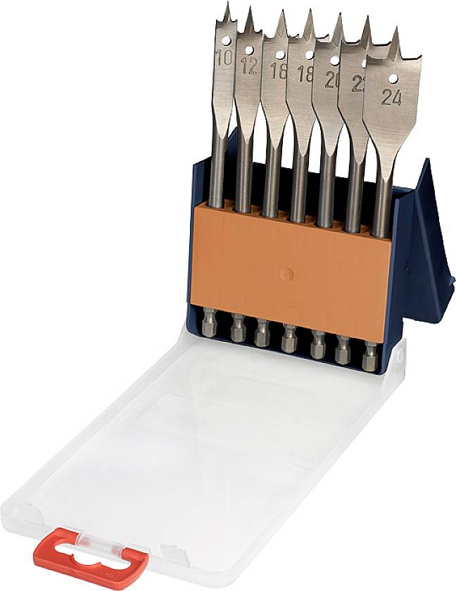A set of flat milling drill bits in various sizes (10-24 mm) in an open plastic case, suitable for woodworking.