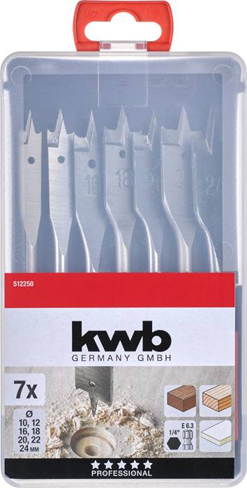 Drill Set in plastic box with seven flat wood drill bits. Branded: 'kwb Professional'. Sizes: 10, 12, 16, 18, 20, 22, 24 mm.