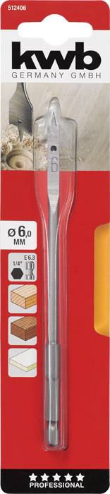Metal drill bit in packaging, marked with '6.0 mm', suitable for wood, with packaging and wood image. Brand: kwb Germany GmbH.