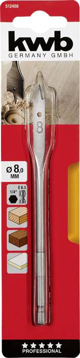 A wood drill bit from the 'kwb' brand with an 8.0 mm diameter in a red packaging. Suitable for wood, shown with application diagrams.