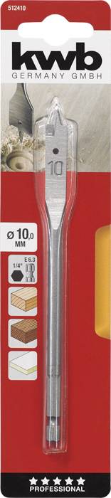 'kwb Germany GmbH Flat Milling Drill Bit 10 mm' in red packaging with application images for wood and SDS mounting system.