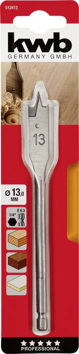 Large drill bit in packaging by 'kwb Germany GmbH', size 13 mm. Suitable for woodworking, with wood and drilling symbols.