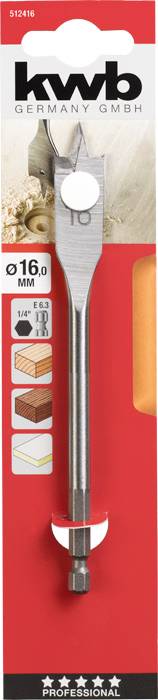 kwb spiral drill bit for woodworking, 16 mm diameter. Packaging shows application examples for different wood types.