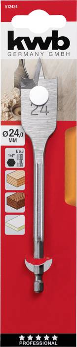 Drill with '24 mm' marking, suitable for wood, plastic and plasterboard. Packaging red and white, brand 'kwb Germany'.