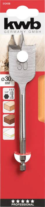 Drill brand packaging with flat drill cutter, 30 mm diameter, suitable for wood and laminate processing.