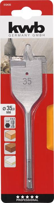 Drill bit by kwb Germany GmbH, flat wood drill bit. Size: 35 mm. Packaging shows product details and usage instructions.
