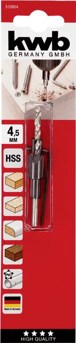 Packaging of a 4.5 mm HSS drill bit, suitable for wood, metal and plastic. Contains drill bit, shank and hex key.
