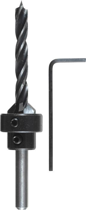 A screwdriver bit with a black drill attachment and matching Allen key, standing upright on a white background.