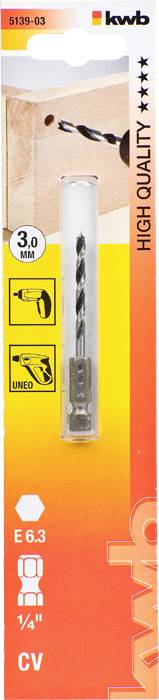 Drill Packaging: Metal drill bit, 3 mm diameter, high-quality. Suitable for wood, metal and plastic. Includes manufacturer's logo and symbolic instructions.