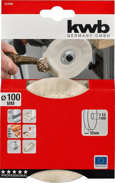 Packaging for a 'kwb' sanding attachment with 100 mm diameter. Suitable for wood, metal, and coated surfaces.