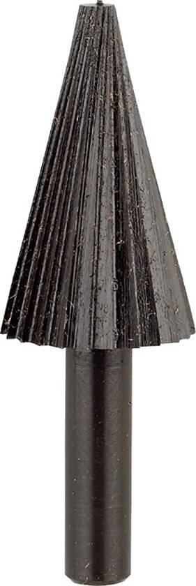 A black, conical milling cutter with a ribbed surface, suitable for machining materials such as metal or wood.