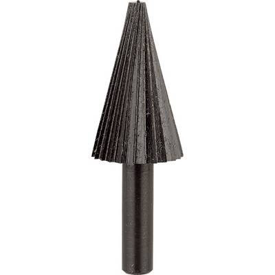 A black, conical milling cutter with a ribbed surface, suitable for machining materials such as metal or wood.