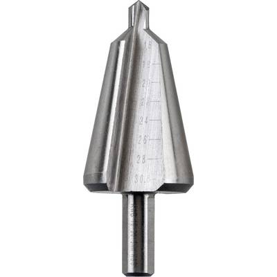 A conical stepped drill bit made of metal, with markings from 4 to 30.6 mm, for drilling holes of different sizes using a single tool.