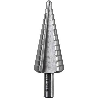 A silver stepped drill bit with a tapered shape, showing precise milling stages and engraved size markings.