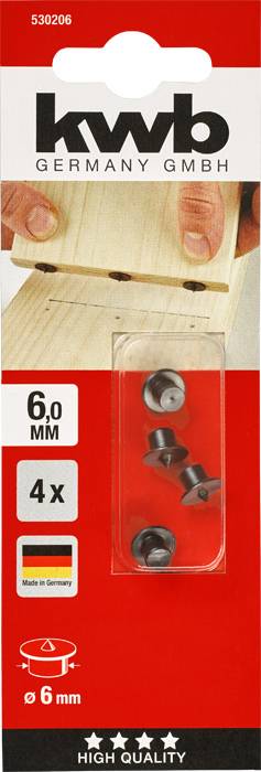 'Packaging containing four 6 mm wooden dowels by kwb Germany GmbH, manufactured in Germany, pictured beside a wooden board.'