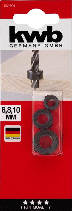 Packaging for KWB drilling accessories, displaying a drill bit and three drill stop rings in sizes 6, 8, and 10 mm. 'Made in Germany'.