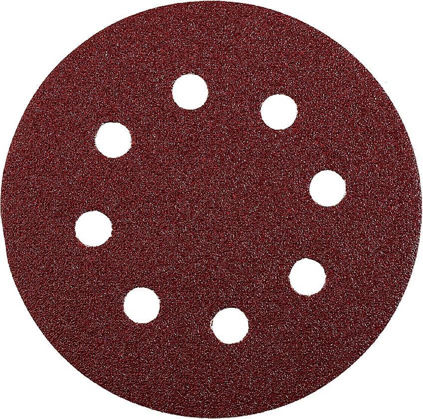 Round abrasive disc with red abrasive grains and eight symmetrically arranged holes for mounting on grinding machines.