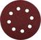 Round abrasive disc with red abrasive grains and eight symmetrically arranged holes for mounting on grinding machines.