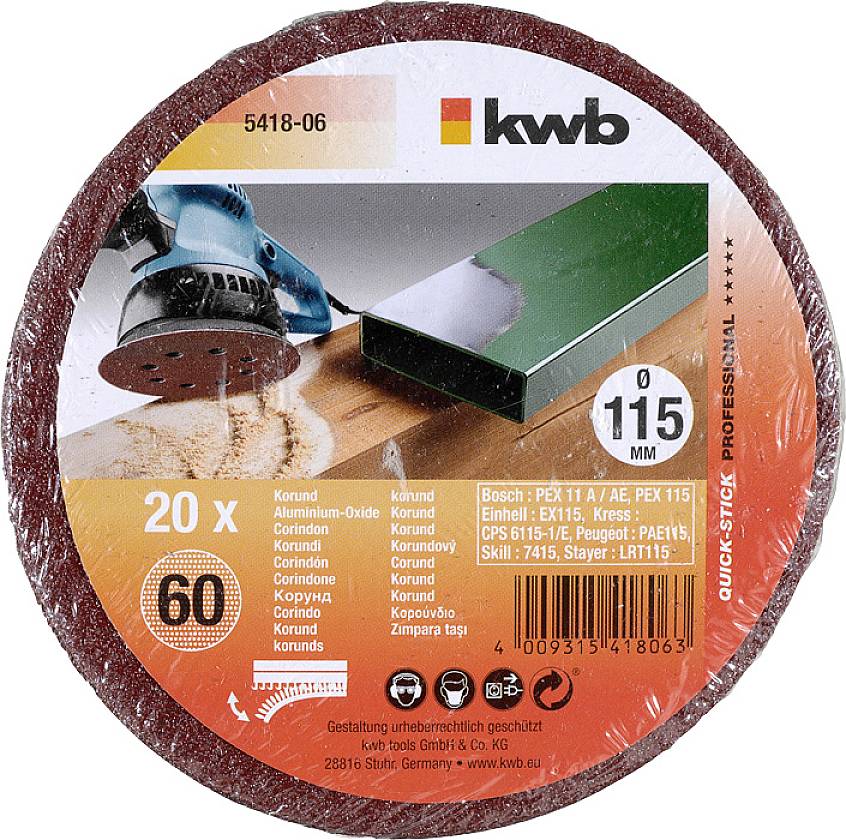 'Kwb Grinding Disc' for PEX 115, 115 mm, 20 pieces, Grit 60. Suitable for wood and metal. Image of a grinding machine on wood.