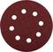 Red abrasive disc with eight holes, used for power tools to smooth surfaces.