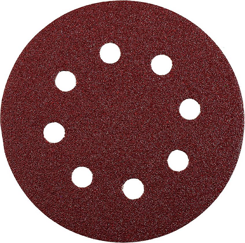 Round abrasive disc with eight holes, rust-brown grain, used for surface processing tools.