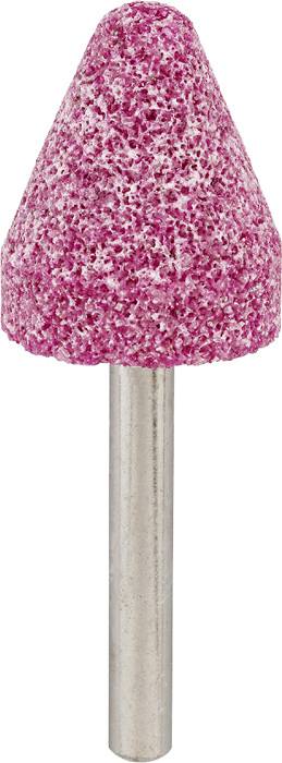 Grinding attachment made of pink abrasive material with a metallic shaft, tapered in shape, used for smoothing or polishing surfaces.