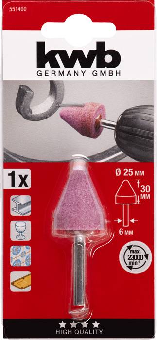 Grinding point, conical, Ø 25mm, 30mm high, made of pink material, suitable for metal machining, max. 23,000 rpm, 'KWB Germany'.