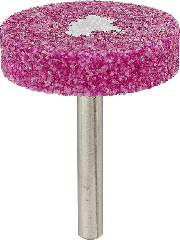 A pink grinding wheel with a metal pin for attachment to a tool. The grinding wheel has a grainy, abrasive surface.