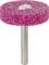 A pink grinding wheel with a metal pin for attachment to a tool. The grinding wheel has a grainy, abrasive surface.