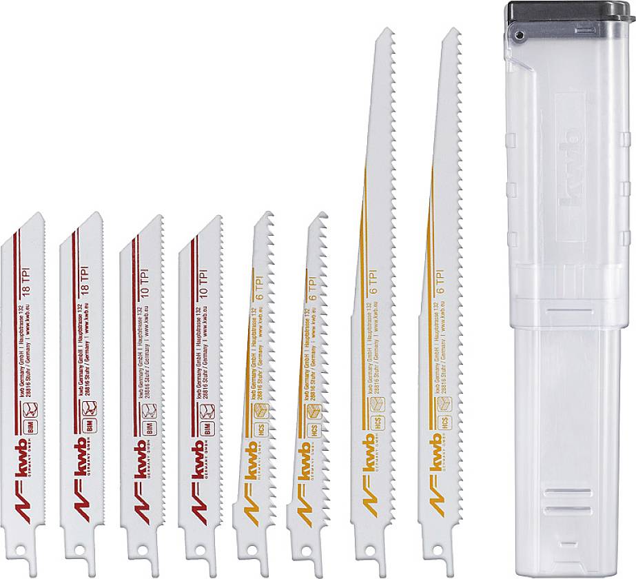 'Set of various saw blades for fine cutting work, arranged next to a transparent case.'