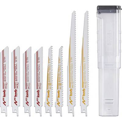 'Set of various saw blades for fine cutting work, arranged next to a transparent case.'