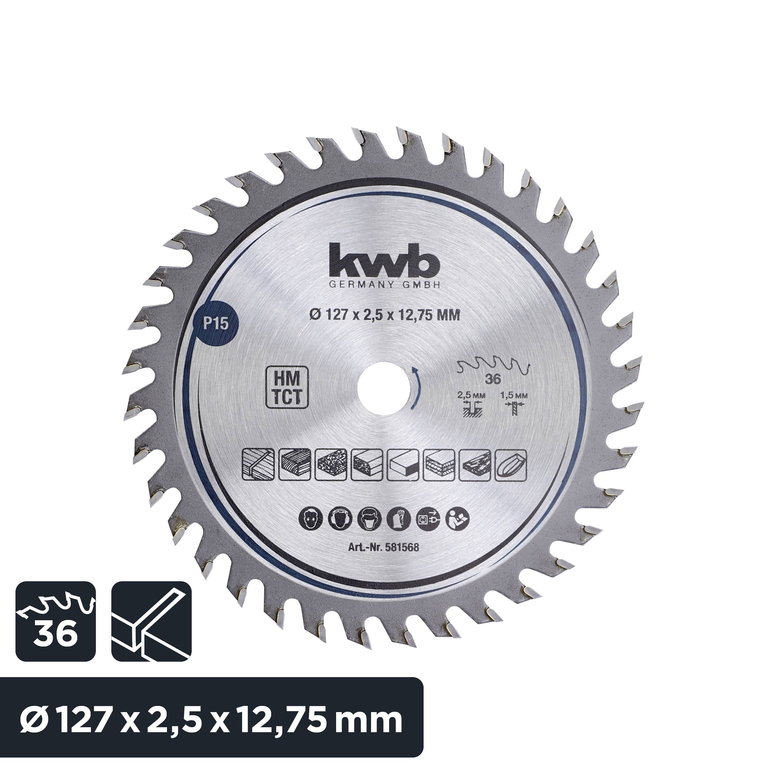 Saw blade with 36 teeth, diameter 127 mm, width 2.5 mm, bore 12.75 mm. Suitable for wood and similar materials.