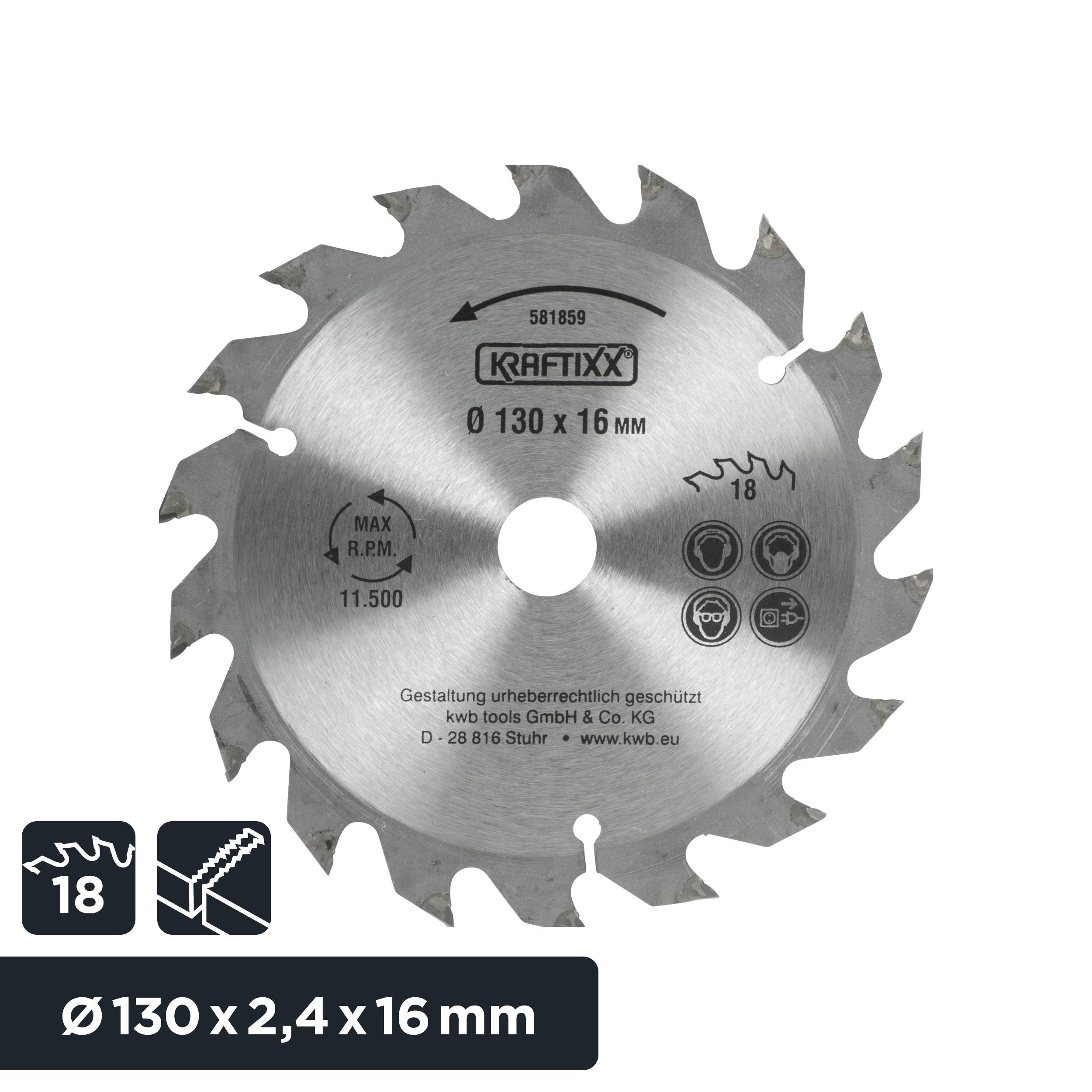 Metal circular saw blade with markings indicating size (Ø 130 x 2.4 x 16 mm), rotational speed (max. 11,500 rpm) and material application.